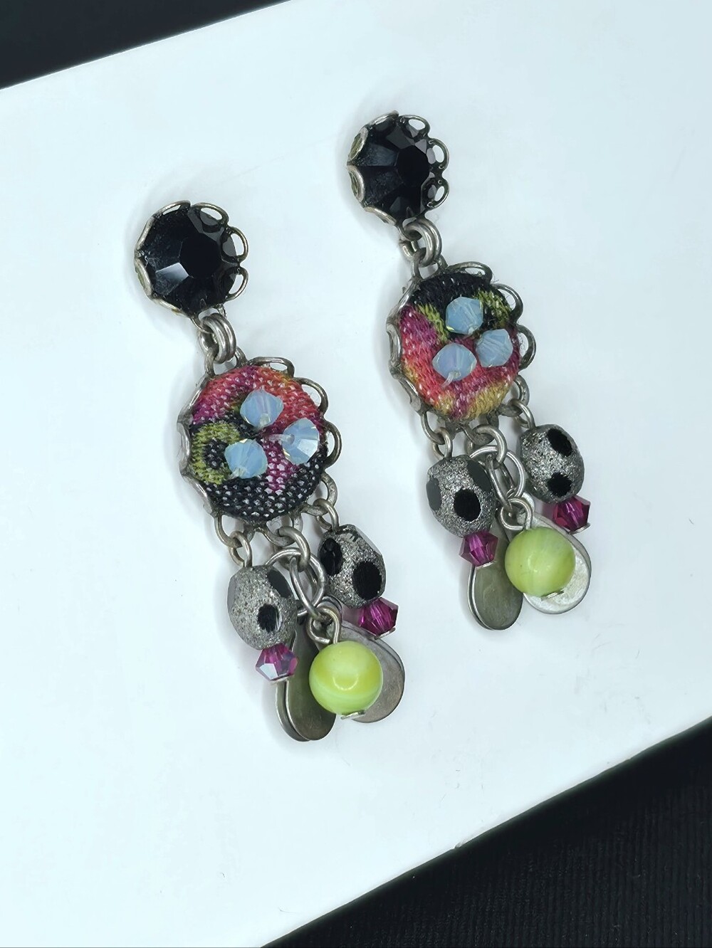 Ayala Bar Vintage Boho Mosaic Dangle Post Earrings Green Gemestone 1.5"